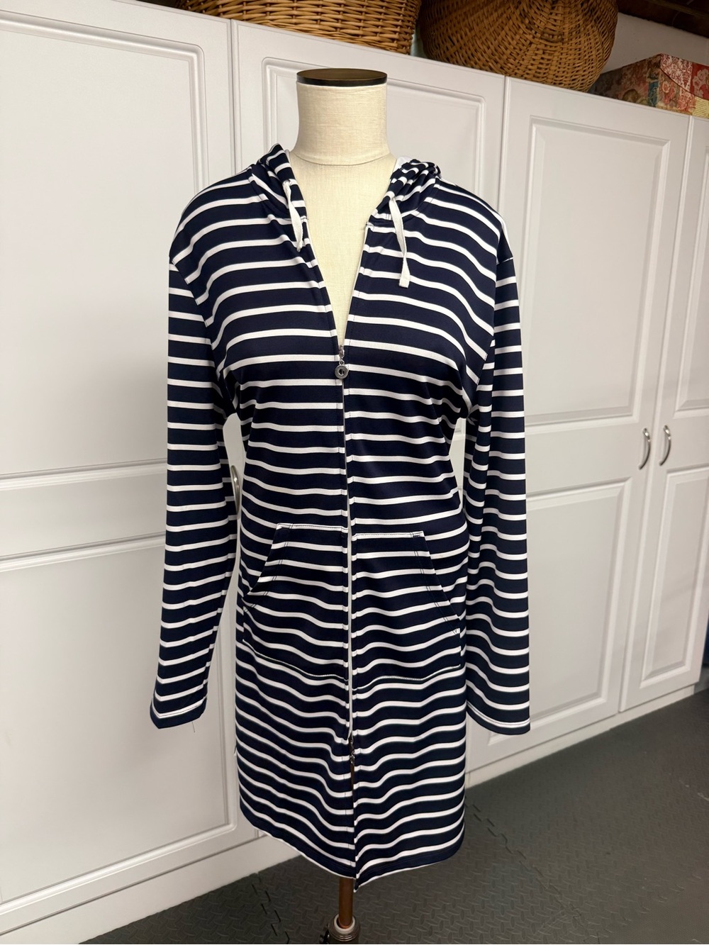 Caya Costa Hooded Navy & White Striped Zip-Front Swim Coverup XL